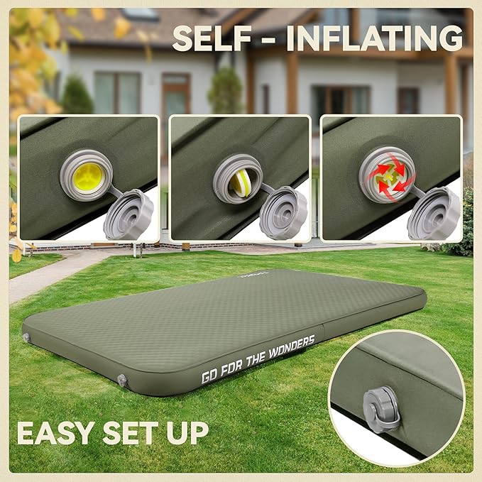 UPWELL Self Inflating Sleeping Pad 4.5" Thickness Camping Mattress with Solid Foam Double Sleeping Mat Portable Fast Inflation for Outdoor Mat Portable Roll Up Bed Green
