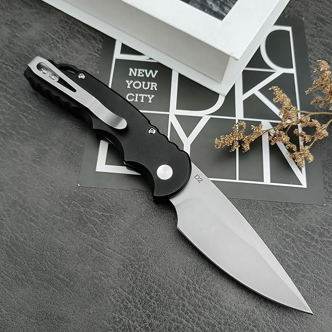 HUAAO 7.5” Assisted Opening Push Button Folding Pocket Knife, 2.8” D2 Blade Aluminum Alloy Handles with Pocket Clip and Lanyard Loop for EDC