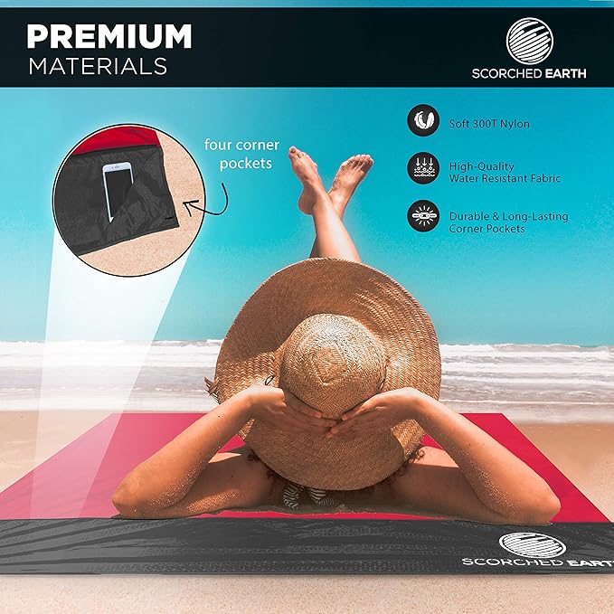 Pocket Blanket for Beach, Travel, Outdoor, Camping, Hiking, Picnic, Festival, Sports - Water Resistant, Compact, Durable Tarp, Corner Pockets, Bag, Built in Stakes (Crimson Red, 60x55)