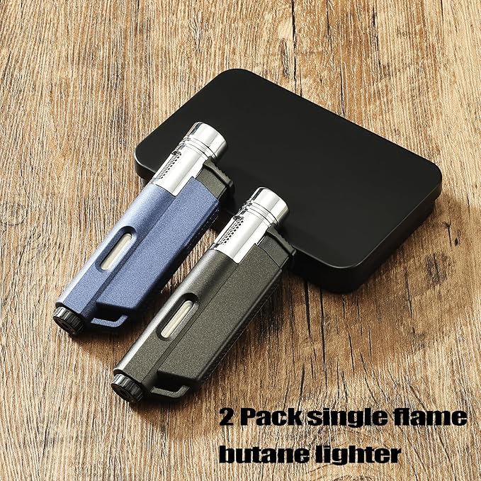 Yeuligo 2 Pack Butane Torch Lighters with Keyhole, Pocket Lighter with Visible Window, Adjustable and Refillable Gas Lighter for Candle Kitchen Fireplace Fireworks, Without Gas(Matte Black+Blue)