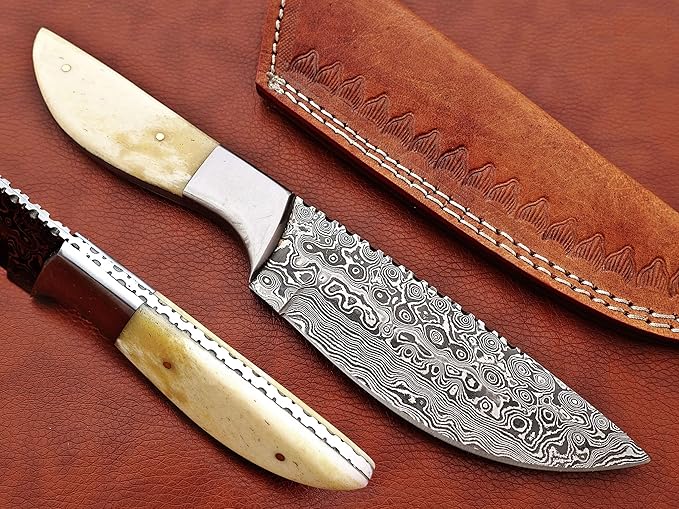 9.5" Walnut wood scale with steel bolster skinning Knife, full tang blade Rain drop pattern straight back hand forged Damascus steel, Cow Leather sheath (White)