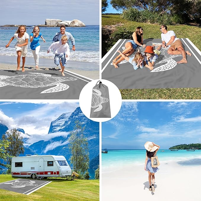 Waterproof Sand Free Beach Mat, 78”x 86” Large Sandproof Beach Blanket w/ 4 Stakes & Pockets, Easy to Clean Quick Drying Big Compact Beach Accessories for Outdoor, Picnic, Camping - Gray Sea Turtle