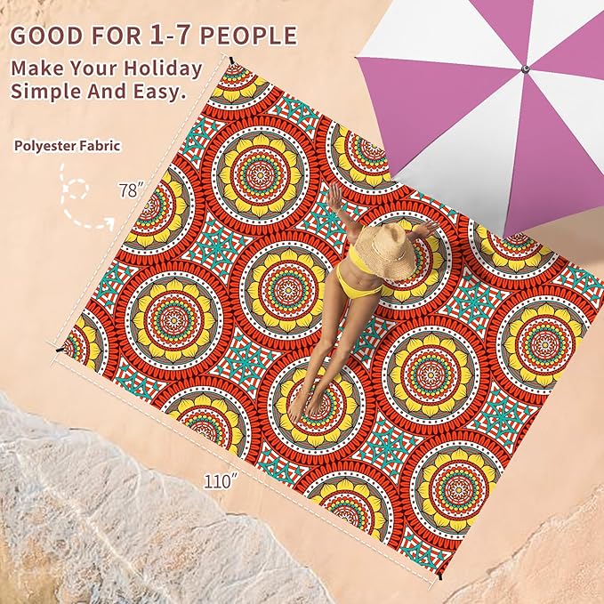 BYDOLL Beach Blanket Mandala Sandproof Waterproof 78''×110''1-7 Adults Compact Lightweight Oversized Beach Blanket Large Picnic Mat Blanket for Travel Camping Hiking Picnic