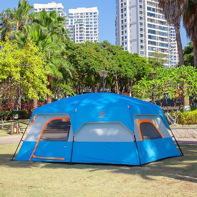 KTT Extra Large Tent 10-12-14 Person(Style-B),Family Cabin Tents,2 Rooms,3 Doors and 3 Windows with Mesh,Straight Wall,Waterproof,Double Layer,Big Tent for Outdoor,Picnic,Camping,Family Gathering
