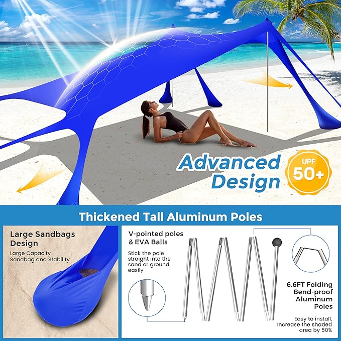 Beach Canopy Beach Tent Pop Up Shade 10x10ft Sun Shelter UPF50+ with 8 Sandbags-2 Sand Shovel-4 Aluminum Poles-Ground Pegs-Portable Carrying Bag for Outdoor Family Camping Fishing Yard Picnic
