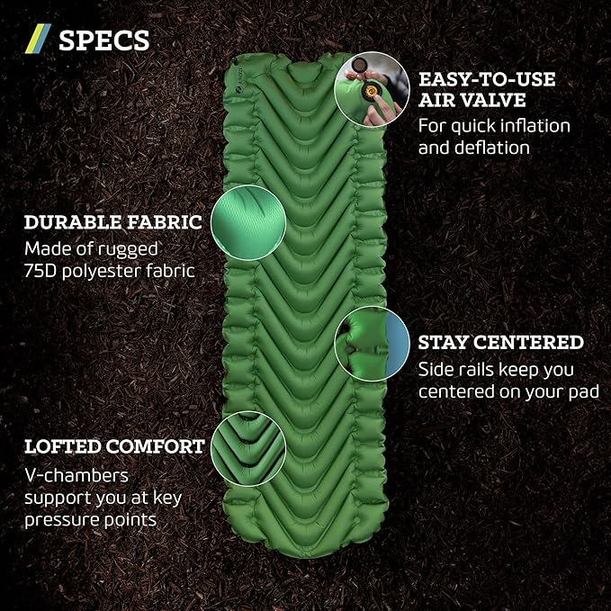 KLYMIT Static V Lightweight Inflatable Sleeping Pad | Comfortable, Lightweight, Easy to Inflate Portable Air Bed Mattress for Camping, Backpacking and Hiking — Green
