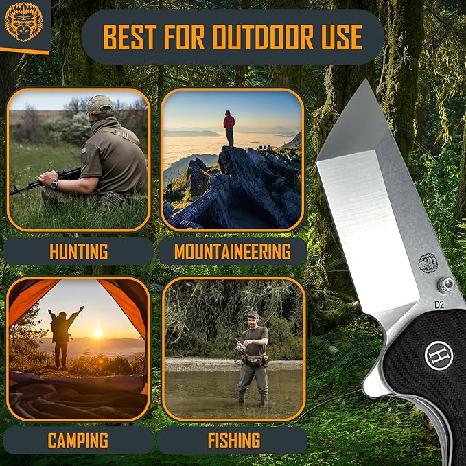 Holtzman's Gorilla Survival 'Pioneer' Folding Knife featuring D2 Steel Blade with G10 Handle in Gift Box Set (Silver)