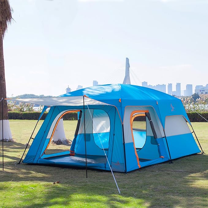 KTT Extra Large Tent 10-12-14 Person(A),Family Cabin Tents,2 Rooms,3 Doors and 3 Windows with Mesh,Straight Wall,Waterproof,Double Layer,Big Tent for Outdoor,Picnic,Camping,Family Gathering