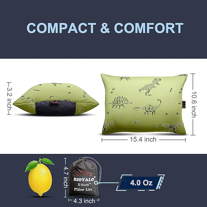 X-Foam Kids Inflatable Camping Pillow Lite w. Removable Foaming Cover for Boys | Dinosaur | Comfortable, Washable, Ultralight, Portable | Backpacking, Hiking, Travel, Air, Sleepover, Scouts