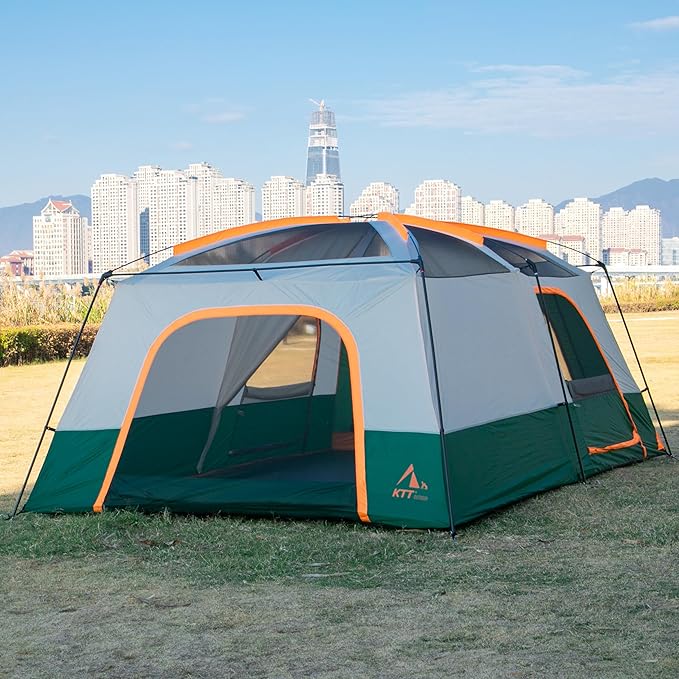 KTT Extra Large Tent 10-12-14 Person(Style-B),Family Cabin Tents,2 Rooms,3 Doors and 3 Windows with Mesh,Straight Wall,Waterproof,Double Layer,Big Tent for Outdoor,Picnic,Camping,Family Gathering