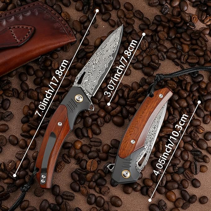Handmade Forged Damascus Steel Folding pocket Knife, 3.07inch Damascus Steel Blade and 4.05inch Wood Handle,with pocket Clip,Retro Leather Sheath, EDC Pocket Knives for Camping Tactical Outdoor Knife.