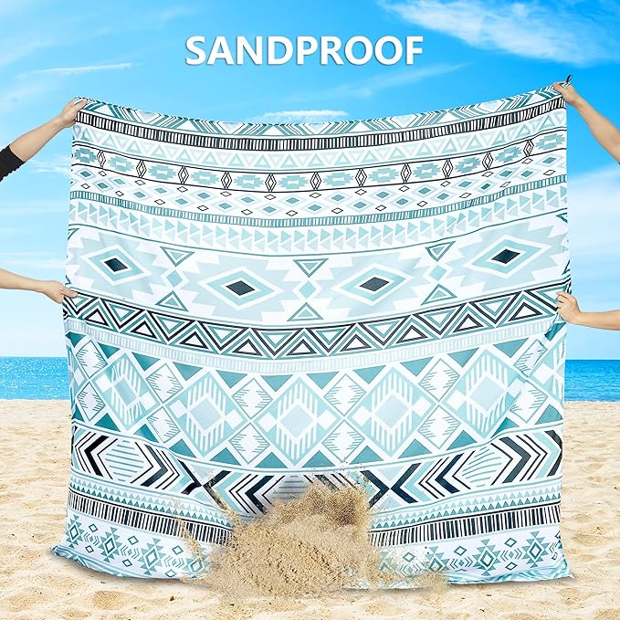 Beach Blanket, Sandproof Beach Mat, Waterproof Quick Drying Lightweight Outdoor Aztec Picnic Mat 79" X 83" for 2-4 Adults with Pocket for Travel, Camping, Hiking