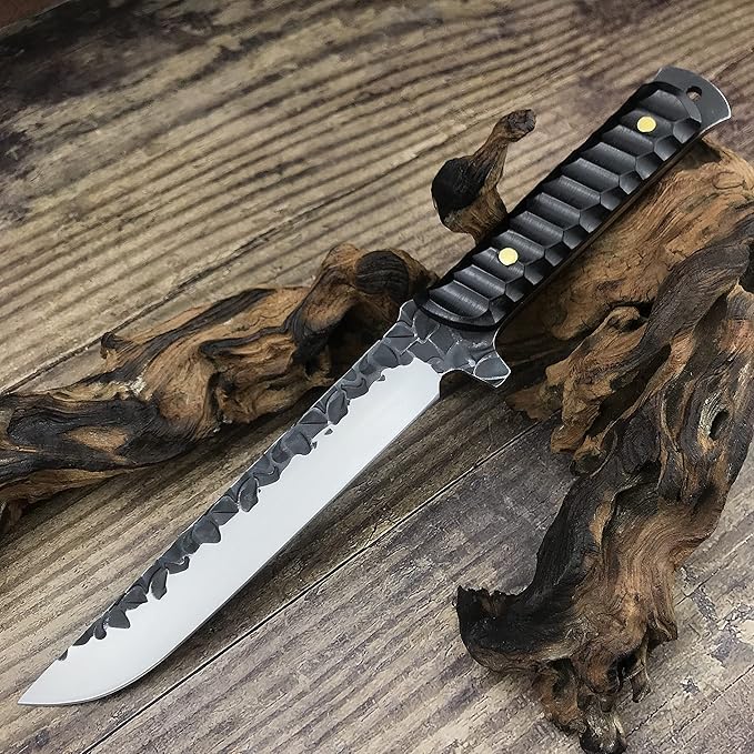 HUAAO 11.6’’ Fixed Blade Knife with Sheath, Japanese Knife with Ebony Handle, Katana Full Tang Knife for Hunting Camping Survival (Drop Point Blade)