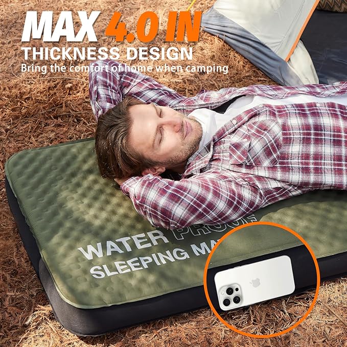 Self Inflating Sleeping Pad, 4in Ultra-Thick Foam Camping Single Mattress with Air Pump Sack, Sleeping Mats for Adults Inflatable Camping Pad Floor Bed Mattress, Cot Bed, Travel, Car, Home, Army Green