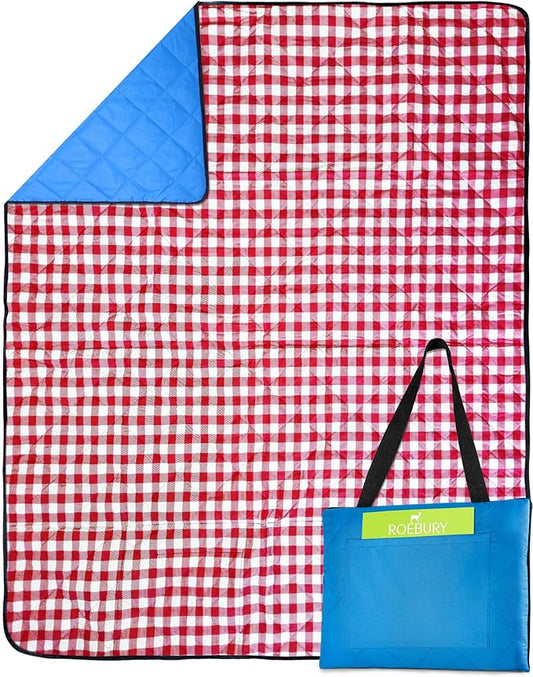 Beach Blanket Sand Proof & Outdoor Picnic Blanket - Water Resistant, Large Mat for Camping or Travel. Washable, Foldable, Easy Carry Compact Tote Bag (Checkered Red/White)
