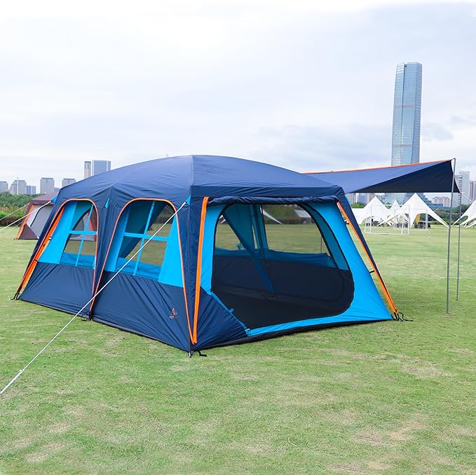 KTT Extra Large Tent 10-12-14 Person(B),Family Cabin Tents,2 Rooms,3 Doors and 3 Windows with Mesh,Straight Wall,Waterproof,Double Layer,Big Tent for Outdoor,Picnic,Camping,Family Gathering