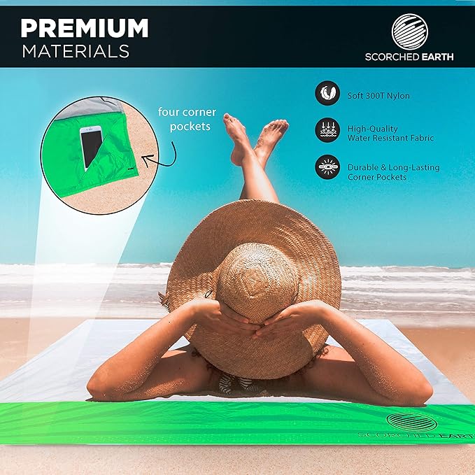 Pocket Blanket for Beach, Travel, Outdoor, Camping, Hiking, Picnic, Festival, Sports - Water Resistant, Compact, Durable Tarp, Corner Pockets, Bag, Built in Stakes (Lime Green, 60x55)