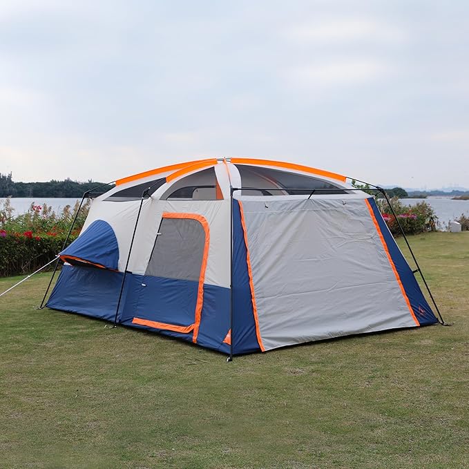 KTT Extra Large Tent 10-12-14 Person(B),Family Cabin Tents,2 Rooms,3 Doors and 3 Windows with Mesh,Straight Wall,Waterproof,Double Layer,Big Tent for Outdoor,Picnic,Camping,Family Gathering