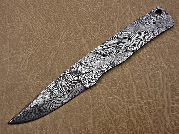 7.5 inches long hand forged Damascus steel blank blade skinning knife with 3 Pin holes and an inserting hole 3 inches cutting edge pocket knife blank blade