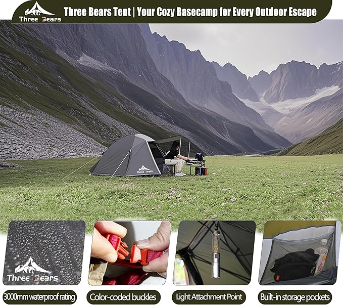 ThreeBears 2-Person Camping Tent, Waterproof & Windproof Lightweight Backpacking Tent for Hiking, Camping, Mountaineering & Travel - Durable & Easy Setup