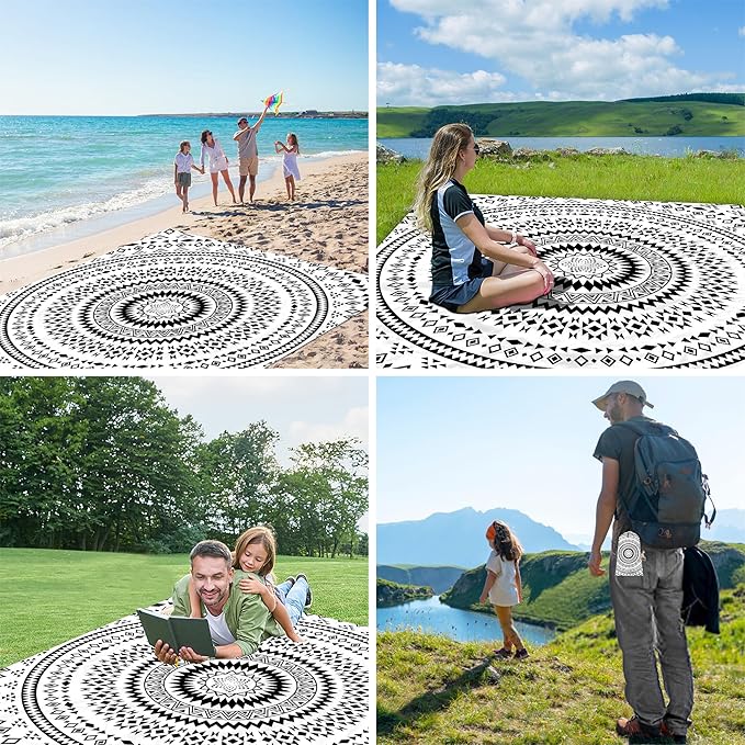 Waterproof Sandproof Beach Blanket, 78"" x 86"" Large Beach Mat for 2-4 Adults, Lightweight Compact Polyester Picnic Blanket for Outdoor, Travel, Camping, Hiking, Beach Essentials, Black Mandala