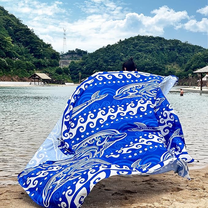 Beach Blanket Waterproof Sandproof 79"x 83" for 1-4 Adults,Quick Drying Beach Mat,Lightweight & Durable,Beach Essentials for Family Beach Camping Travel Picnic(Blue Dolphin)