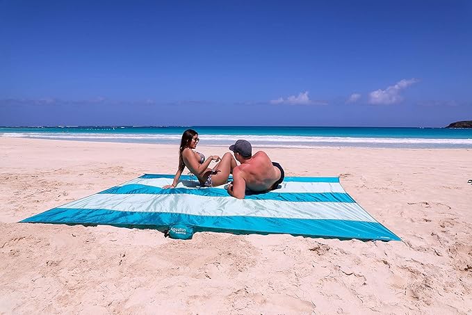 Premium XXL Beach Blanket Sandproof Water Resistant Quick Dry Mat 10ft by 9ft for 1-8 Adults with 4 Metal Stakes, 4 Corner Pockets, Secure Clip and Strap, and Attached Bag