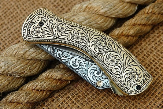 GLADIUS CRAFTS" Exquisite 7.5-inch Hand-Crafted Folding Knife - 3.5-inch D2 Steel Blade with 4-inch Hand-Engraved Brass Handle - Ideal for Collection, EDC Tool, or any other Practical Use - An Extraordinary Gift