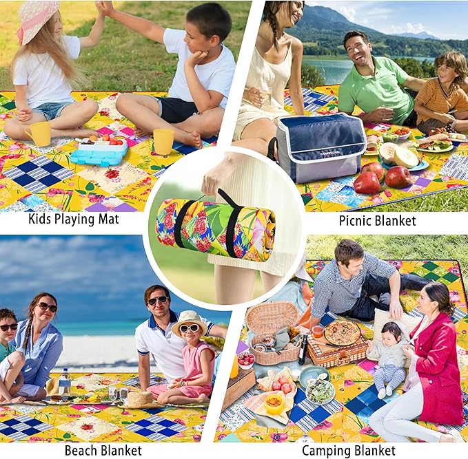 Picnic Blankets Beach Blanket 80" X 60" Extra Large Waterproof Camping Blankets Portable Outdoor Mat 3-Layer blanket for Beach, Hiking, Park, Music Festival, Grass Lawn,Travel