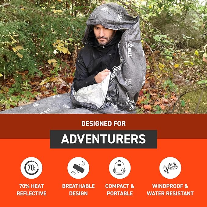 SOL Escape Bivvy with Hood - Emergency Preparedness Blanket - Reflects Up to 70% Body Heat - Outdoor Survival Bivvy - Water Resistant - Durable & Breathable - Winter Camping Supplies - XL, Gray