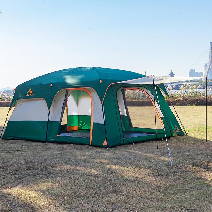 KTT Extra Large Tent 10-12-14 Person(Style-B),Family Cabin Tents,2 Rooms,3 Doors and 3 Windows with Mesh,Straight Wall,Waterproof,Double Layer,Big Tent for Outdoor,Picnic,Camping,Family Gathering