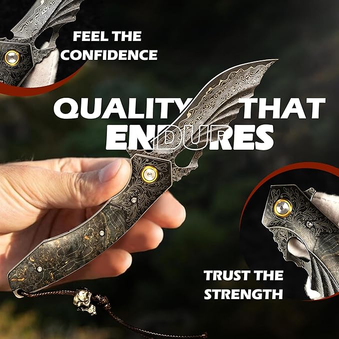 Mini Katana Premium & Unique Damascus Pocket Knife - Unmatched Sharpness 67-layer VG10 Steel & Durability with Clip Leather Sheath - Ideal for Everyday Use & Hunting