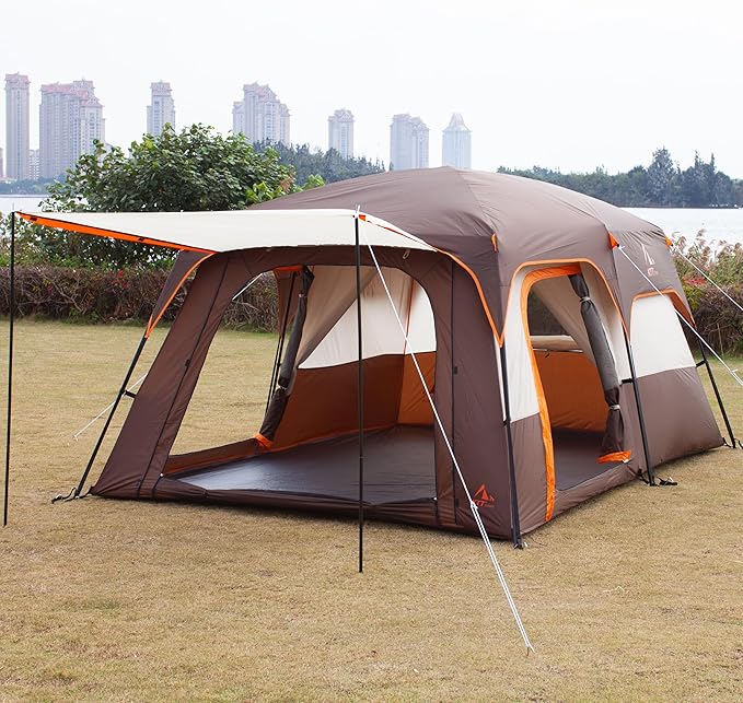 KTT Extra Large Tent 10-12-14 Person(Style-B),Family Cabin Tents,2 Rooms,3 Doors and 3 Windows with Mesh,Straight Wall,Waterproof,Double Layer,Big Tent for Outdoor,Picnic,Camping,Family Gathering
