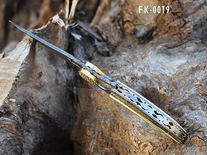 SHINY CRAFTS -Pocket Knife Damascus Hunting Knife OTF Knife Tactical Knife For Men- Pocket Knives - Everyday Carry - PlainEdge - Leather Sheath (FK 19)