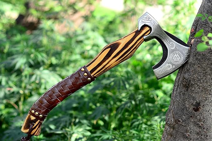 Hand Forged Etched Viking Axe – 20” inches Ash Wood Handle Camping Axe with Leather Sheath – High Carbon Steel Hatchets and Axes, Wood Splitting Axe, Throwing Axes - Gift for HIM (Valknut Axe)