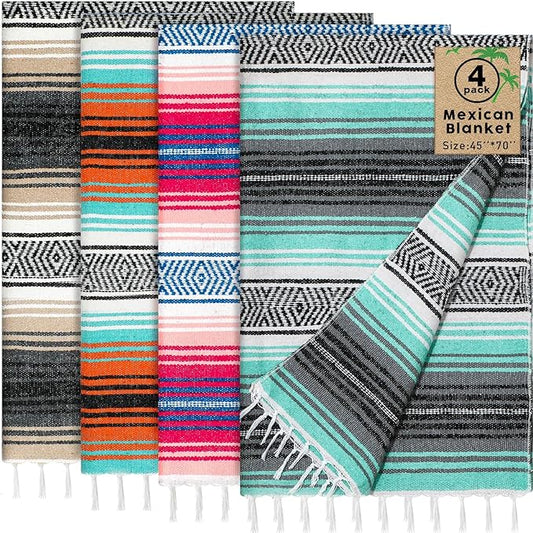 Oudain Mexican Blankets and Throws 45 x 70 Inch, Cotton Outdoor Camping Blanket Woven Serape Yoga Blanket Fiesta Picnic Beach Blankets(Stylish Color, 4 Pack)