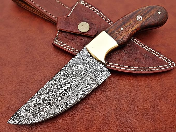 9.5" Long Full Tang Blade Skinning Knife, Rain Drop Pattern Straight Back Hand Forged Damascus Steel, Walnut Wood Scale with Brass Bolster, Cow Leather Sheath (Brown)