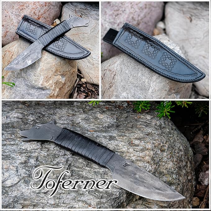 Toferner Hand Forged Knife Wolf with Sheath, Vintage Knife for Antique Collection, Genuine Leather Case, Hardened Blade, Hand Made Craft, Gift Idea for Men (Black)