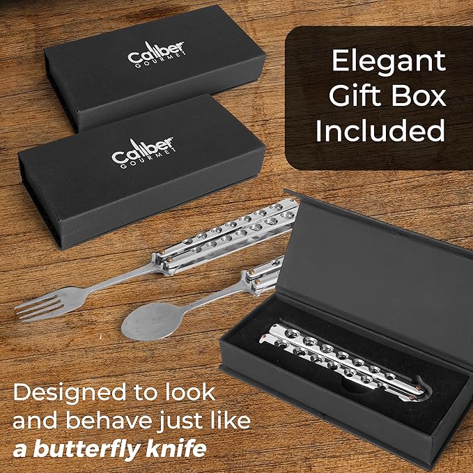 Caliber Gourmet Tactical Stainless Steel Folding Butterfly Knife Style Utensil, Fork, Spoon, Bottle Opener, Camping Hiking Kitchen BBQ Grill Picnic Flatware Utensil (Fork + Spoon), Christmas Gift