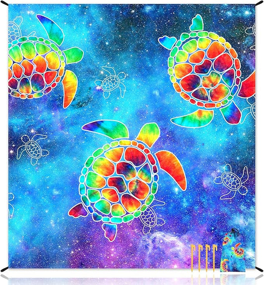78''×86'' Large Beach Blanket 4 Adults, Sand Free Waterproof Outdoor Beach Mat with 4 Stakes & 4 Pockets, Polyester Lightweight Foldable Picnic Blanket for Travel, Camping, Hiking - Galactic Turtles