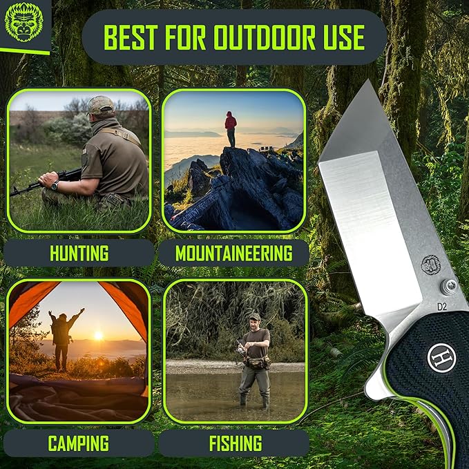 Holtzman's Gorilla Survival Folding Knife D2 Steel Blade G10 Handle Pocket Knife EDC Giftset for Men and Women (half stonewashed half silver blade + black/green liner)