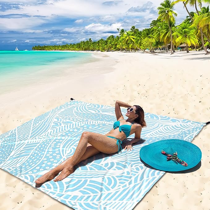 Beach Blanket, Sandproof Beach Mat, Waterproof Quick Drying Lightweight Outdoor Picnic Mat 79" X 83" for 2-4 Adults with Pocket for Travel, Camping, Hiking