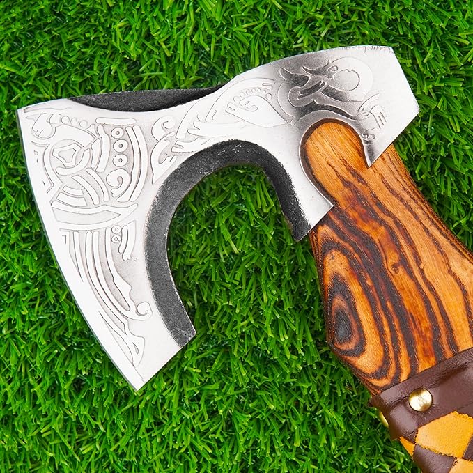H&A CRAFTS® Viking Axe The Ragnar Lothbrok Real, and Custom Crafted with Leather Sheath Carbon Steel Camping Hatchet Personalized Gifts for Men (Odin's Viking Axe Small)