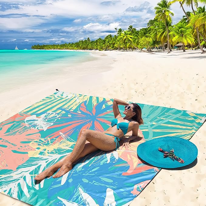 Beach Blanket, Sandproof Beach Mat, Waterproof Quick Drying Lightweight Outdoor Picnic Mat 79" X 83" for 2-4 Adults with Pocket for Travel, Camping, Hiking