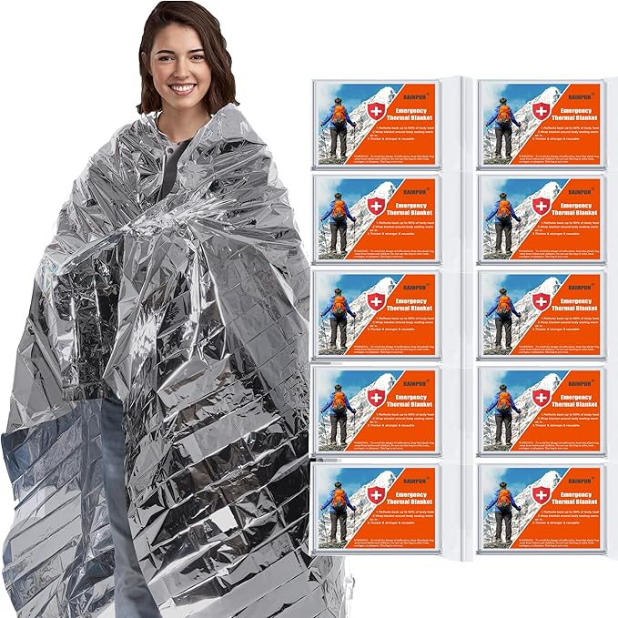 Emergency Mylar Thermal Blanket 82 * 64 in(10 Pack), Gigantic Space Blanket, Survival Blankets Heavy Duty Camping Gear, First Aid, Silver…