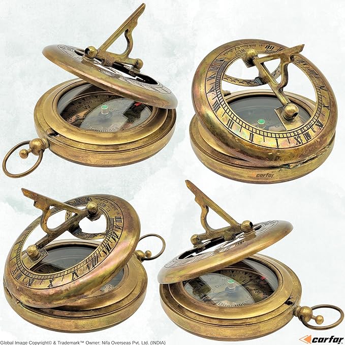 Nautical Sunclock Compass Handmade Solid Brass Vintage Style Sundial Push Open Navigational Compass with Leather Gift Case Best for Your Loved Ones