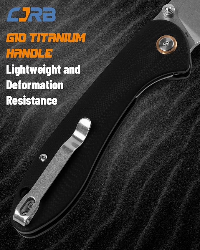 CJRB Folding Knife Feldspar Pocket Folding Knife Stonewash D2 Steel Blade G10 Tactical Handle EDC Knife,Black Handle (J1912)