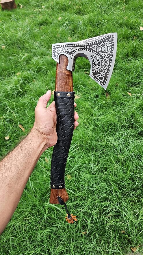 Handmade Forged Stainless Steel Viking Axe, Hatchet with Leather Sheath, Throwing Axe, Camping Axe, Solid Wood Handle Multiple Designs (Axe CK-7)