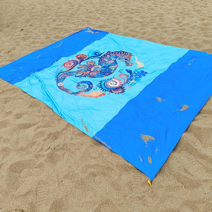 Large Beach Blanket Waterproof Sandproof 79"x 83" for 1-4 Adults,Quick Drying Beach Mat,Lightweight & Durable,Beach Essentials for Family Beach Camping Travel Picnic (Sea Horse)