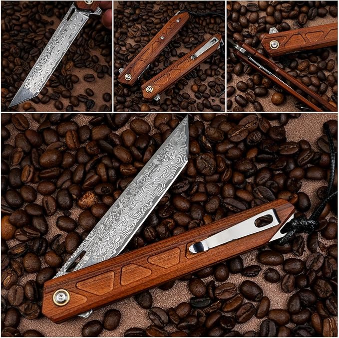 Handmade Forged VG10 Damascus Steel Blade, EDC Folding Knife Rosewood Handle, Pocket Clip.